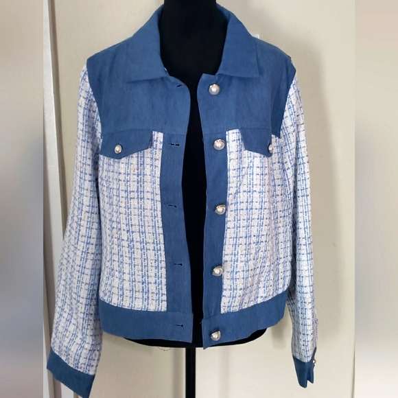 Nanette Lepore Stylish Blue Denim and White Tweed Women's Jacket